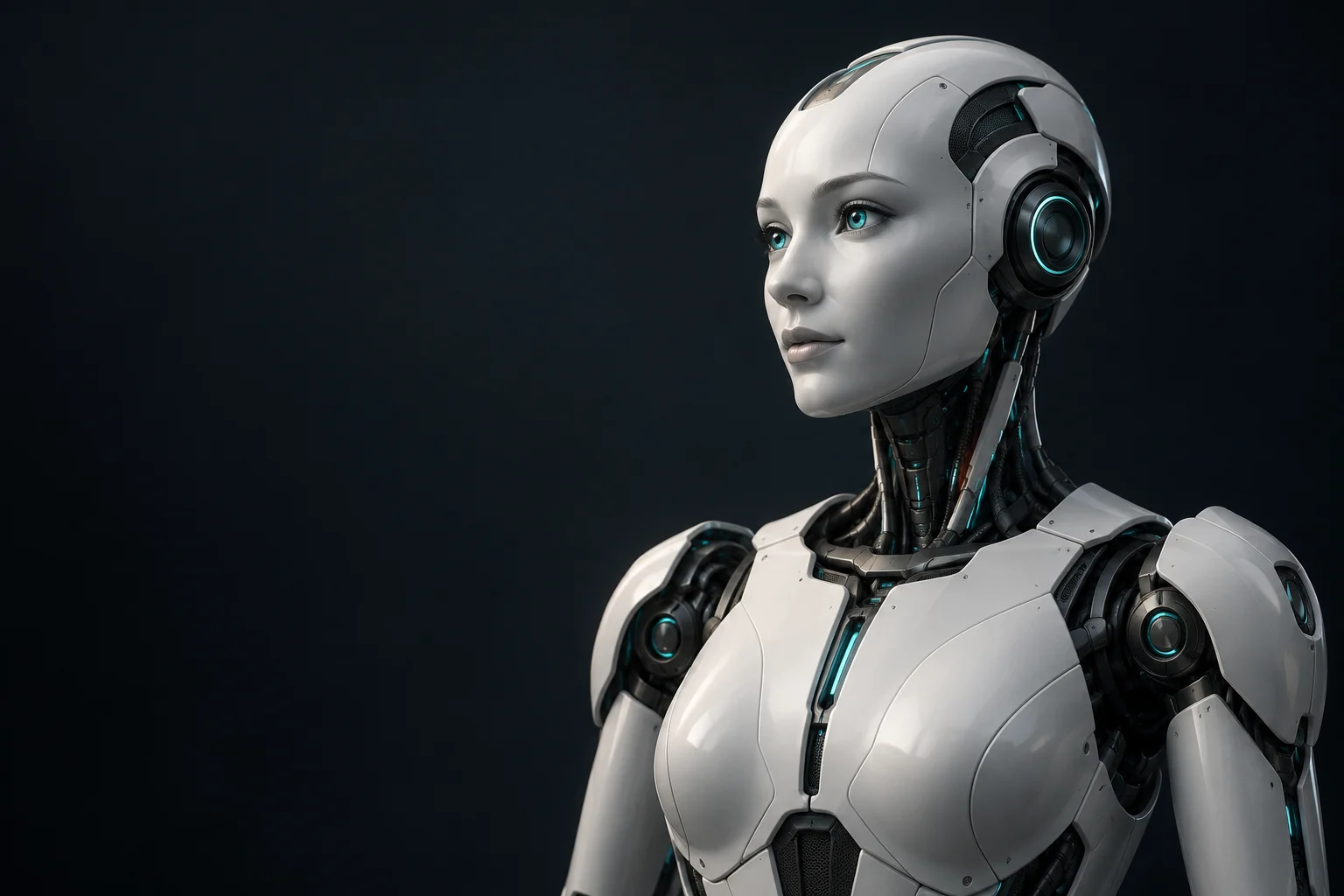 Original concept image of a pearl-white humanoid with teal mechanical details
