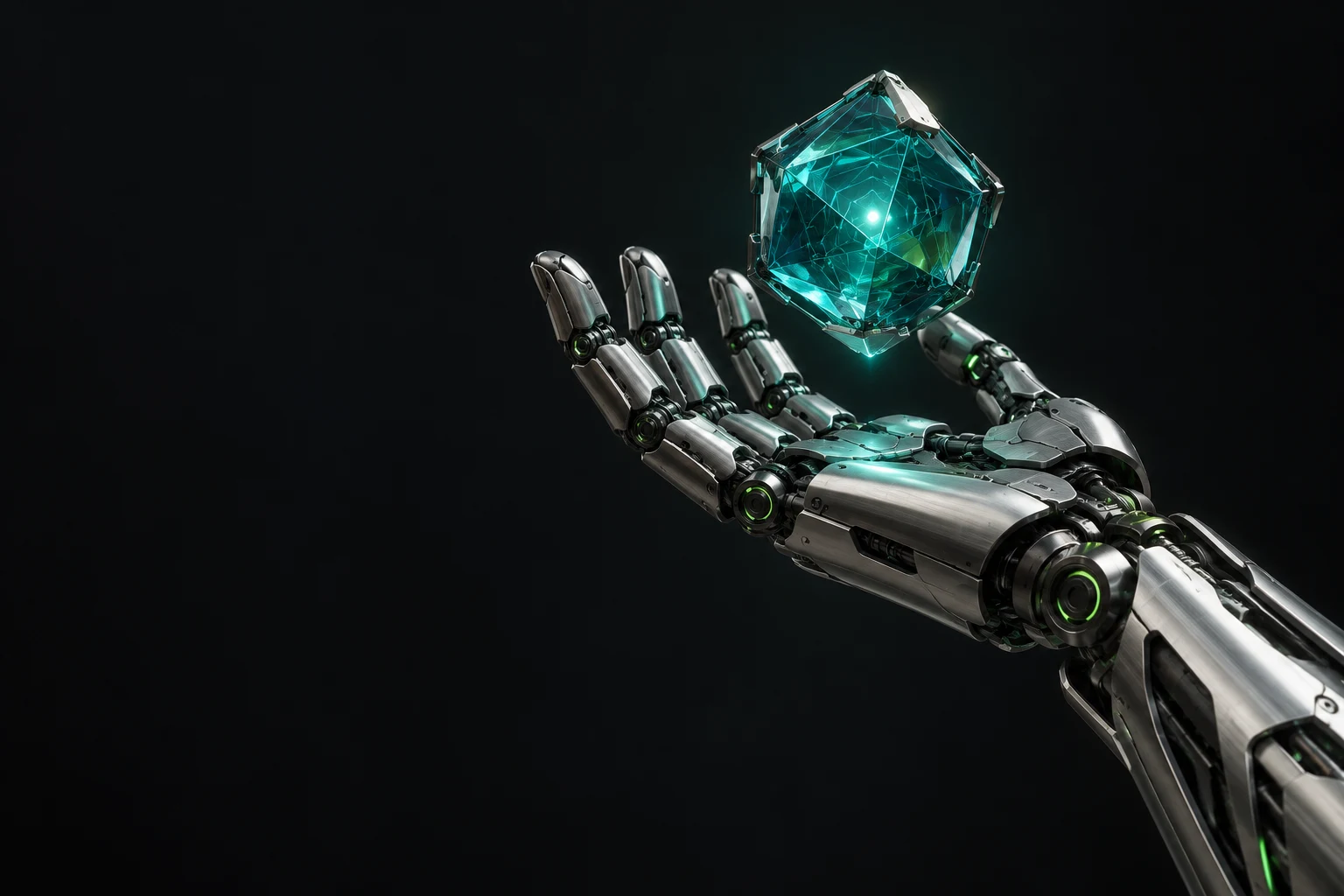 Concept illustration of a robotic hand beneath a translucent computational core